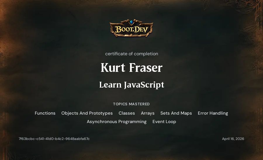 Kurt Fraser's Boot.dev Learn JavaScript certificate