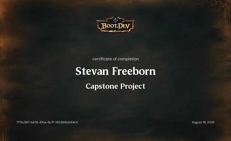Stevan Freeborn's Boot.dev Capstone Project certificate