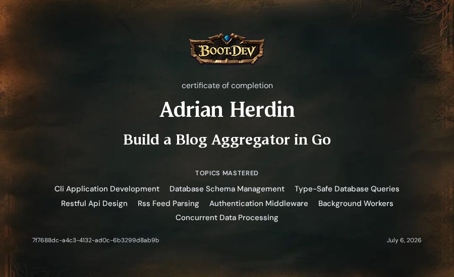 Adrian Herdin's Boot.dev Build a Blog Aggregator in Go certificate