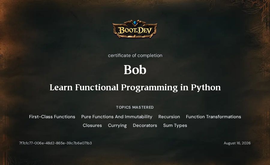 Bob's Boot.dev Learn Functional Programming in Python certificate
