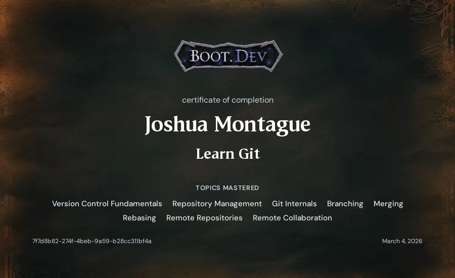 Joshua Montague's Boot.dev Learn Git certificate