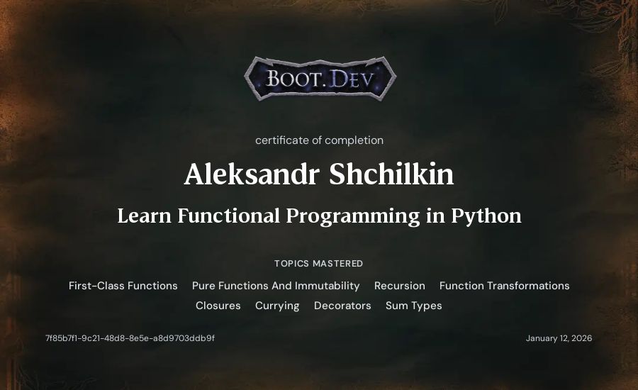 Aleksandr Shchilkin's Boot.dev Learn Functional Programming in Python certificate