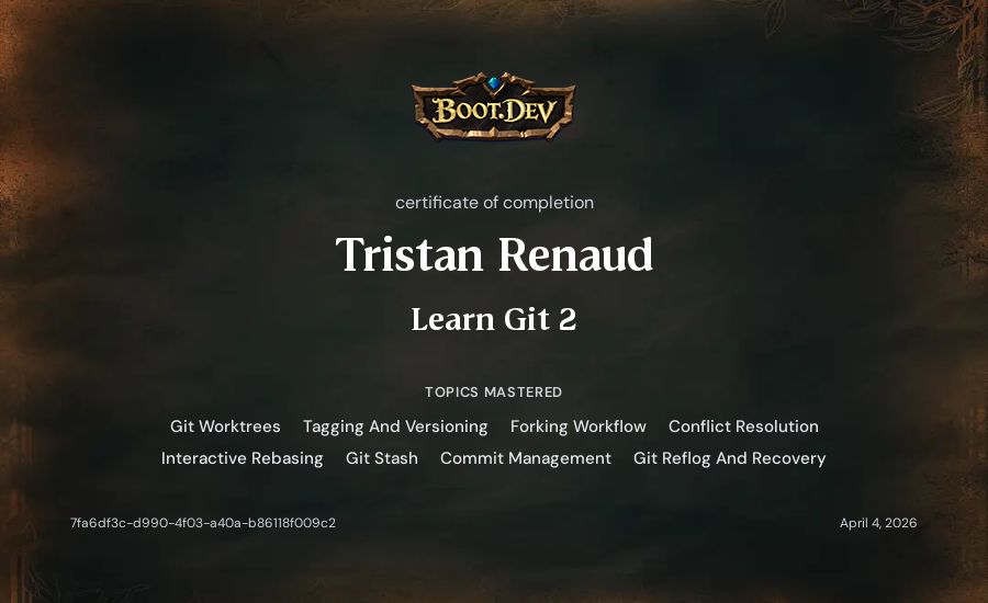 Tristan Renaud's Boot.dev Learn Git 2 certificate