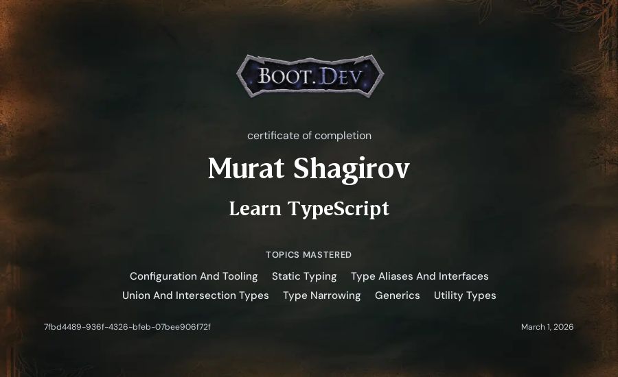 Murat Shagirov's Boot.dev Learn TypeScript certificate