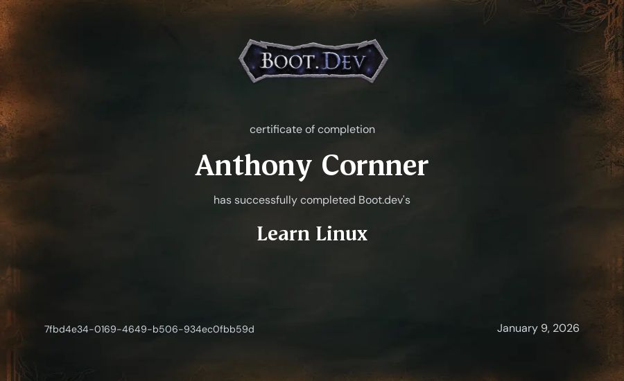 Anthony Cornner's Boot.dev Learn Linux certificate