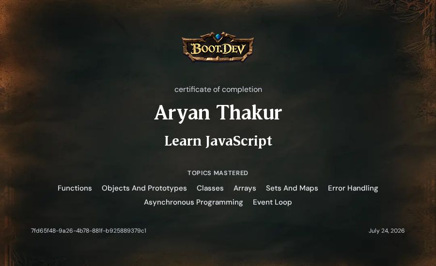 Aryan Thakur's Boot.dev Learn JavaScript certificate