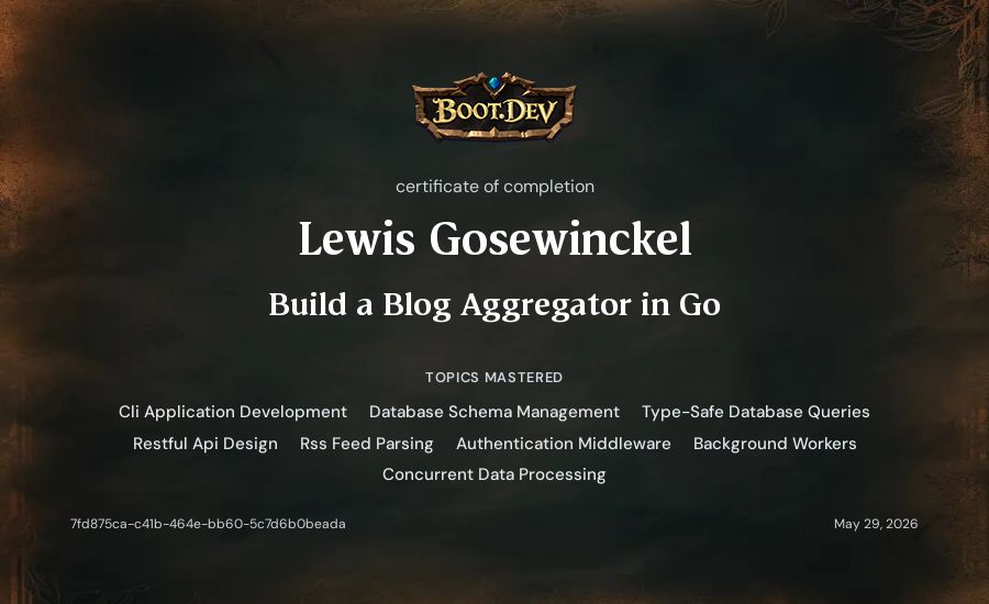 Lewis Gosewinckel's Boot.dev Build a Blog Aggregator in Go certificate