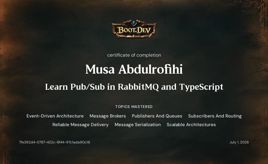 Musa Abdulrofihi's Boot.dev Learn Pub/Sub in RabbitMQ and TypeScript certificate