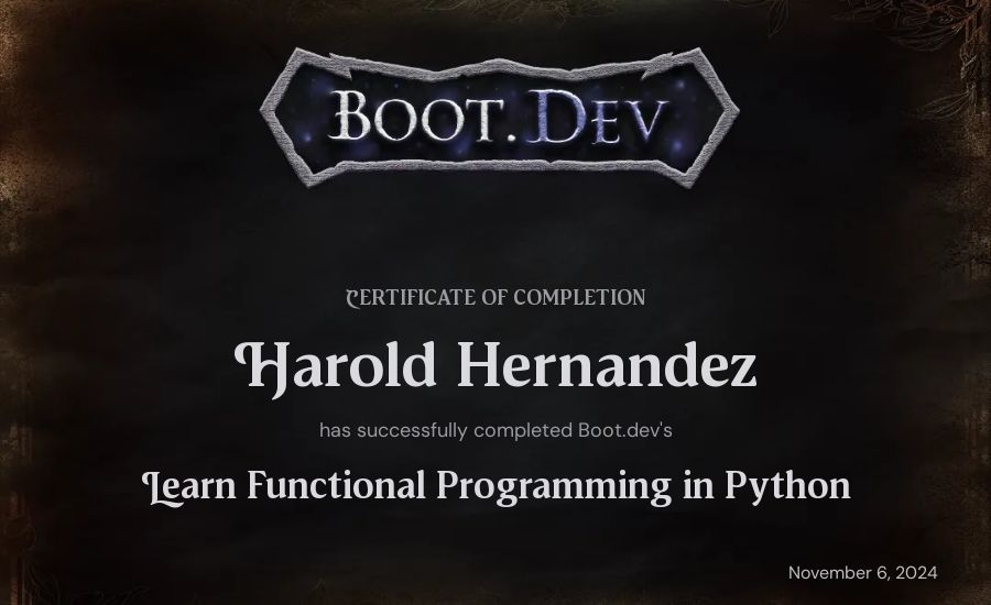 Harold Hernandez's Boot.dev Learn Functional Programming in Python certificate