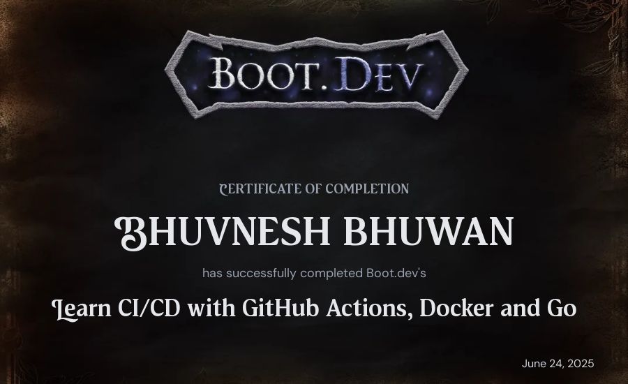 Bhuvnesh Bhuwan's Boot.dev Learn CI/CD with GitHub Actions, Docker and Go certificate