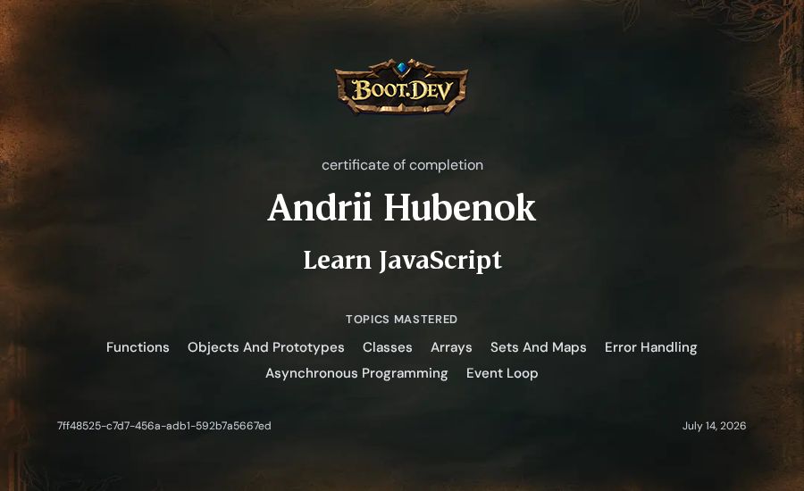 Andrii Hubenok's Boot.dev Learn JavaScript certificate