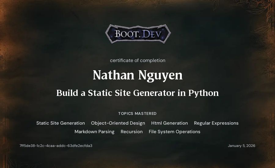 Nathan Nguyen's Boot.dev Build a Static Site Generator in Python certificate