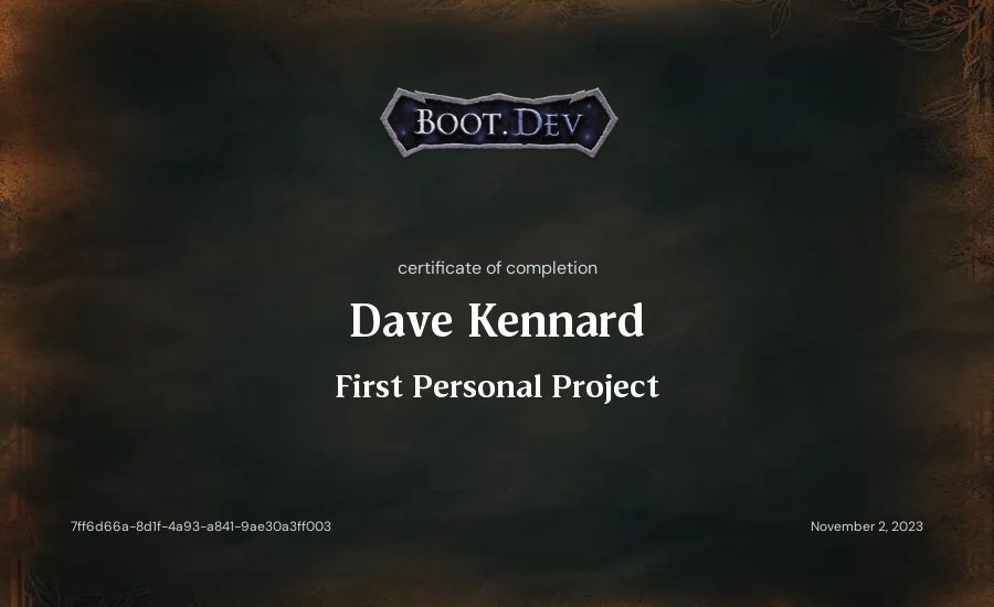 Dave Kennard's Boot.dev First Personal Project certificate