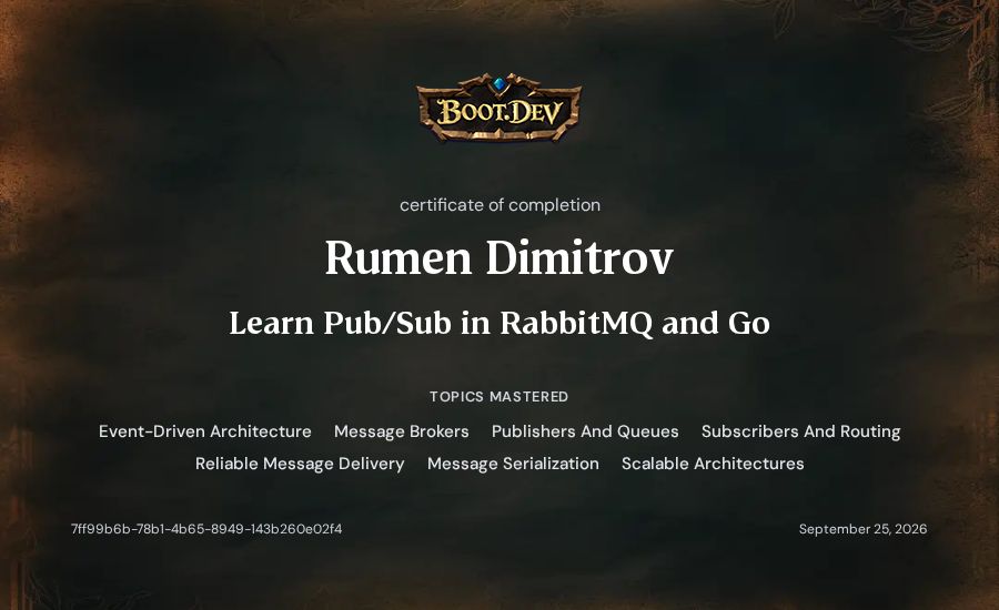 Rumen Dimitrov's Boot.dev Learn Pub/Sub in RabbitMQ and Go certificate