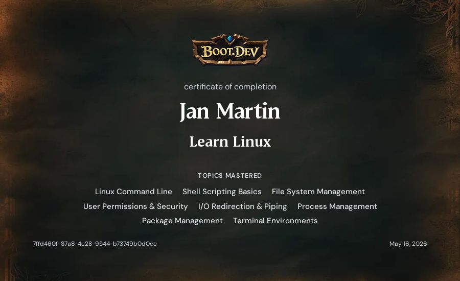 Jan Martin's Boot.dev Learn Linux certificate
