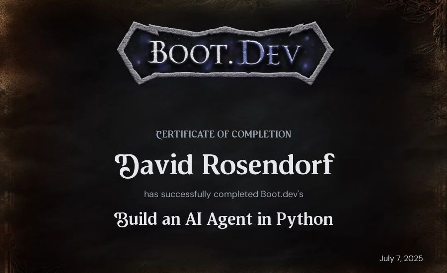 Dorf's Boot.dev Build an AI Agent in Python certificate