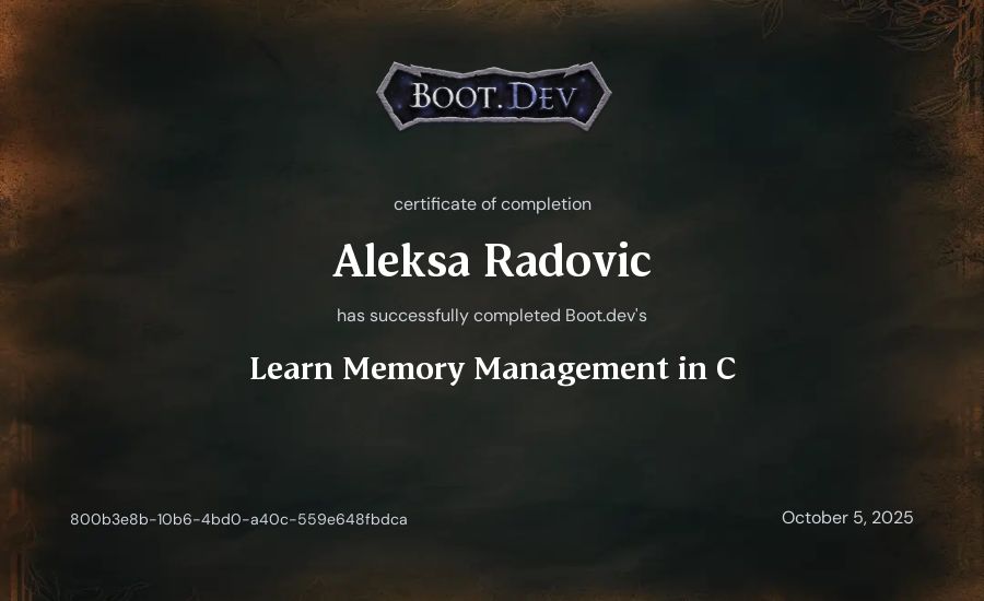 Aleksa Radovic's Boot.dev Learn Memory Management in C certificate