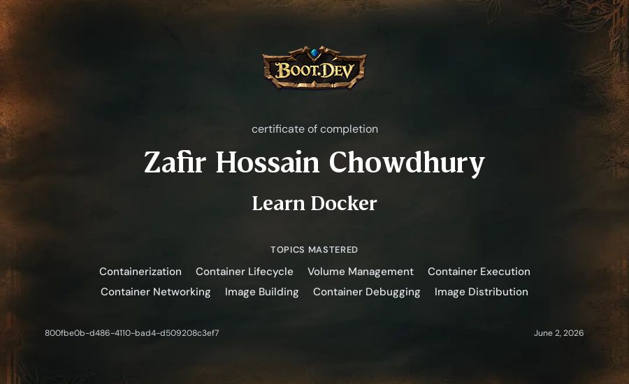 Zafir Hossain Chowdhury's Boot.dev Learn Docker certificate