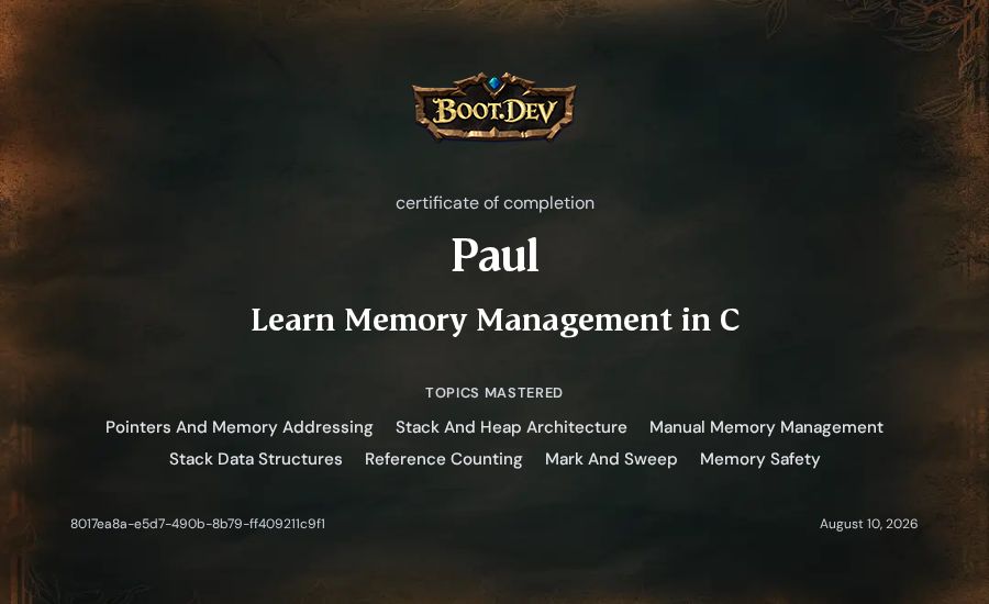 Paul's Boot.dev Learn Memory Management in C certificate