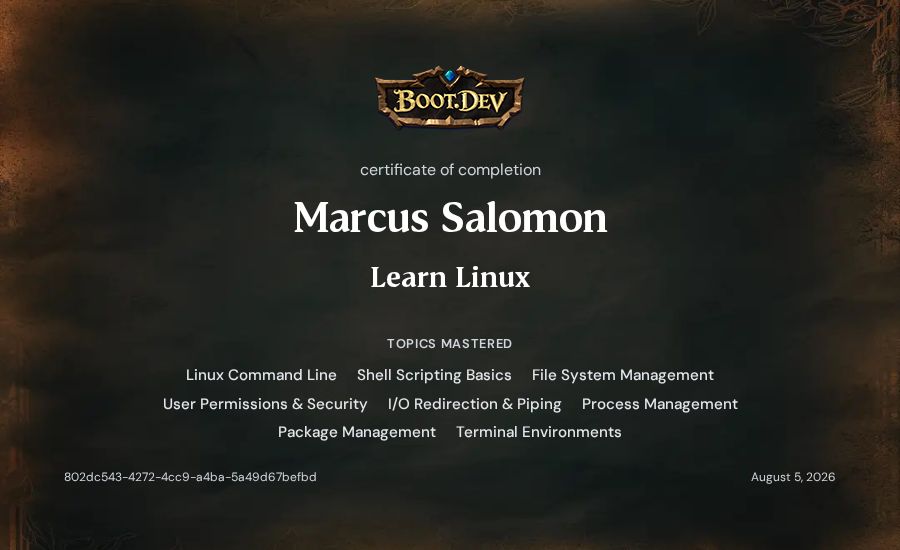 Marcus Salomon's Boot.dev Learn Linux certificate