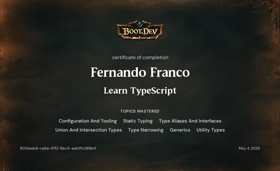 Fernando Franco's Boot.dev Learn TypeScript certificate