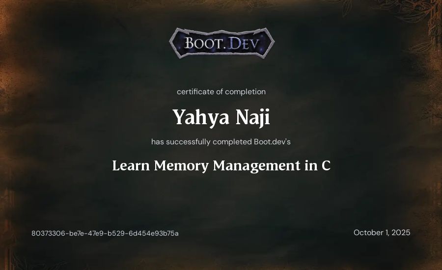 Yahya Naji's Boot.dev Learn Memory Management in C certificate
