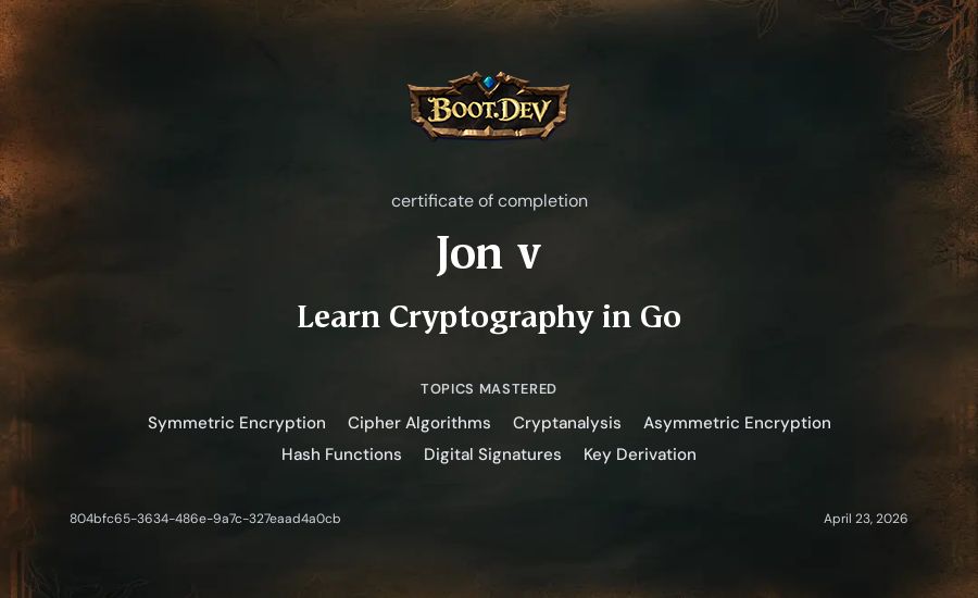 Jon v's Boot.dev Learn Cryptography in Go certificate