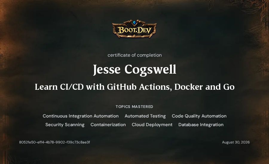 Jesse Cogswell's Boot.dev Learn CI/CD with GitHub Actions, Docker and Go certificate