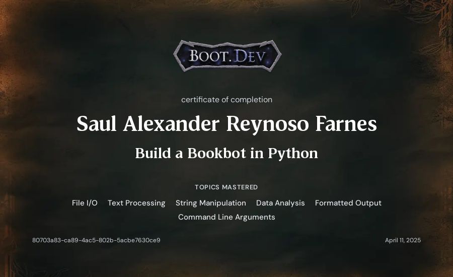Saul Alexander Reynoso Farnes's Boot.dev Build a BookBot in Python certificate