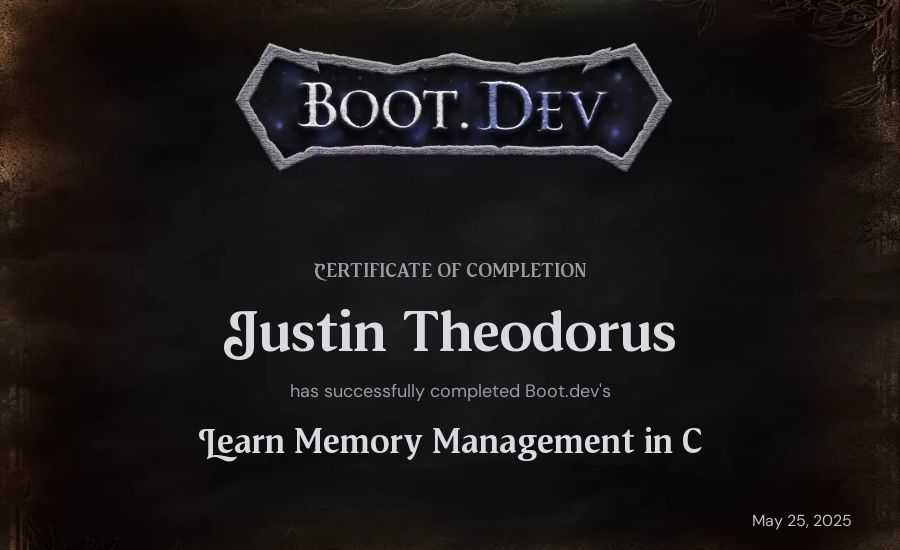 Justin Theodorus's Boot.dev Learn Memory Management in C certificate