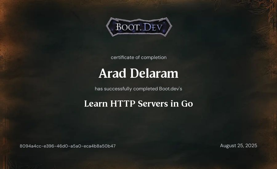 Arad Delaram's Boot.dev Learn HTTP Servers in Go certificate