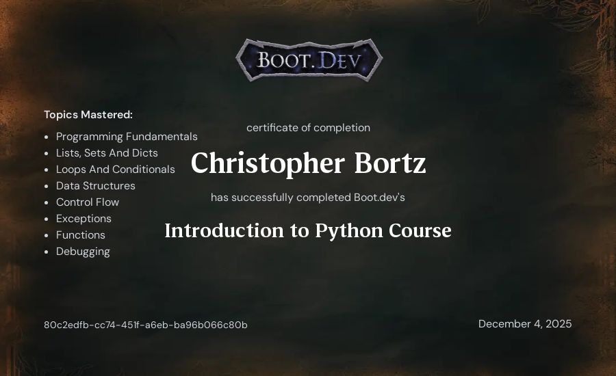 Cyberis's Boot.dev Introduction to Python Course certificate