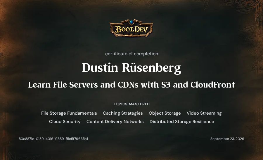 Dustin Rüsenberg's Boot.dev Learn File Servers and CDNs with S3 and CloudFront certificate
