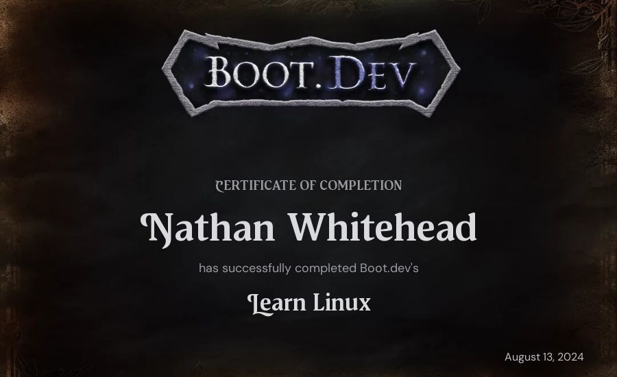 Nathan Whitehead's Boot.dev Learn Linux certificate