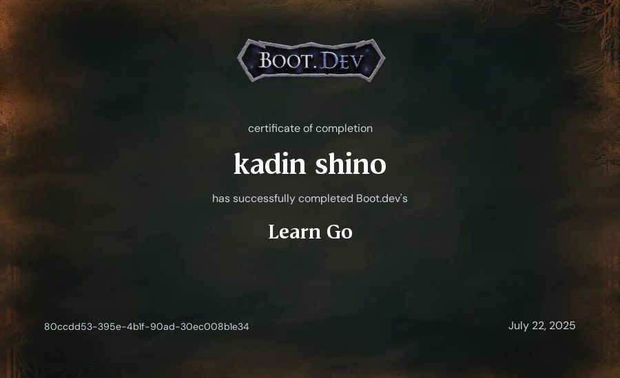 kadin shino's Boot.dev Learn Go certificate
