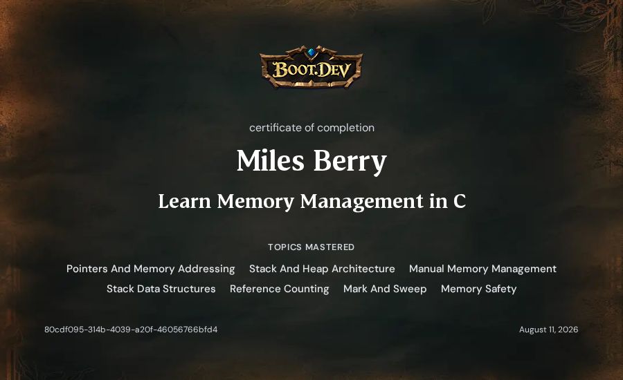 Miles Berry's Boot.dev Learn Memory Management in C certificate
