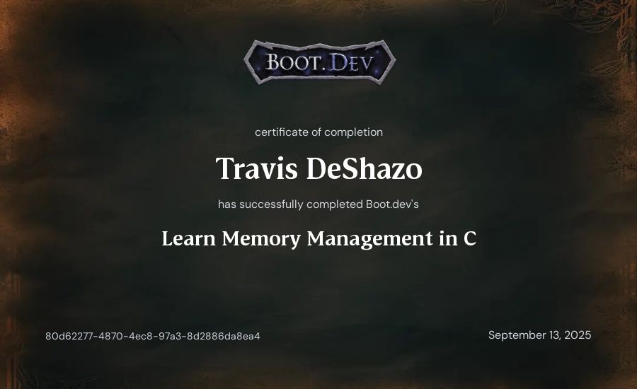 Travis DeShazo's Boot.dev Learn Memory Management in C certificate