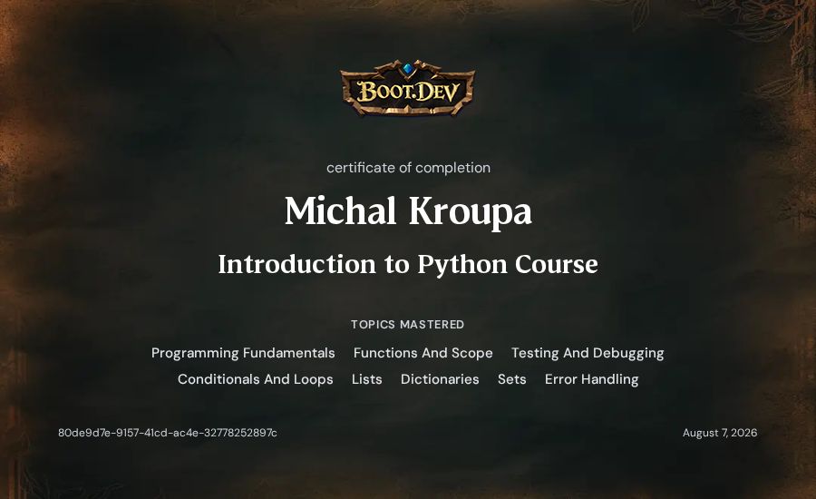 Michal Kroupa's Boot.dev Introduction to Python Course certificate