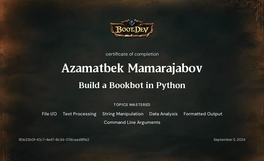 Azamatbek Mamarajabov's Boot.dev Build a BookBot in Python certificate