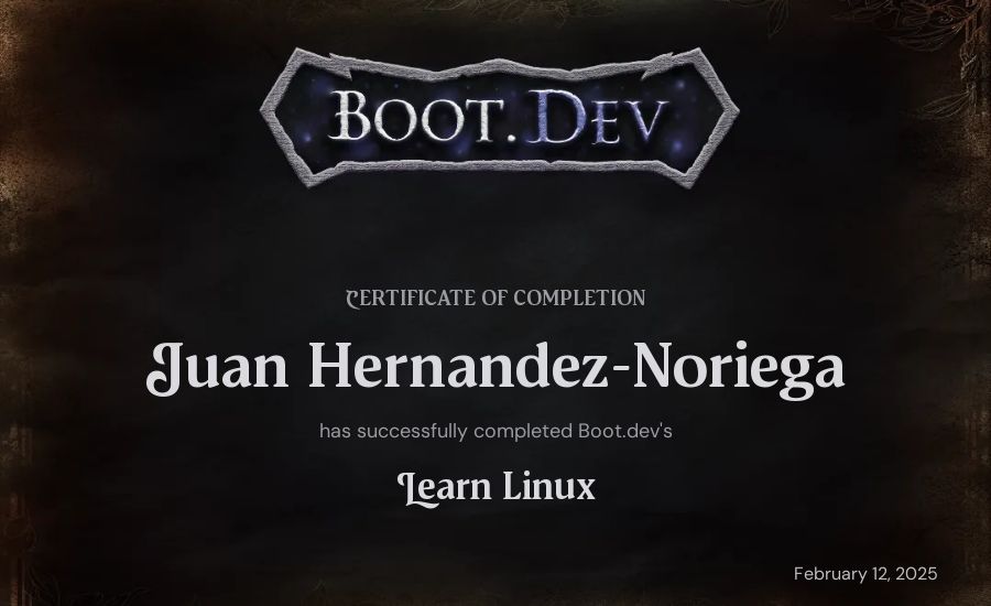 Juan Hernandez-Noriega's Boot.dev Learn Linux certificate