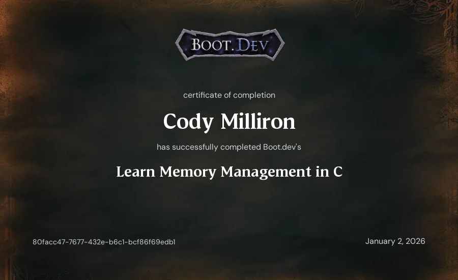 Cody Milliron's Boot.dev Learn Memory Management in C certificate
