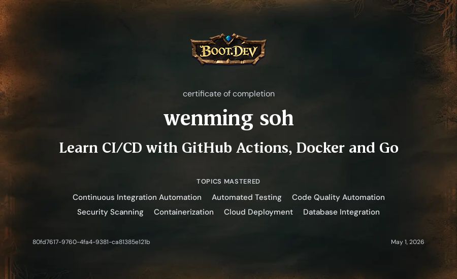 wenming soh's Boot.dev Learn CI/CD with GitHub Actions, Docker and Go certificate