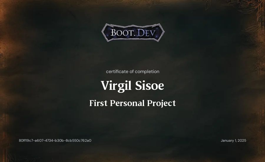 Virgil Sisoe's Boot.dev First Personal Project certificate