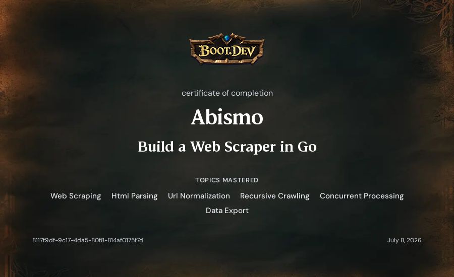 Abismo's Boot.dev Build a Web Scraper in Go certificate