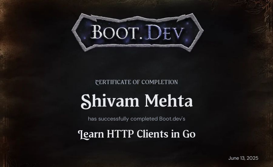 Shivam Mehta's Boot.dev Learn HTTP Clients in Go certificate