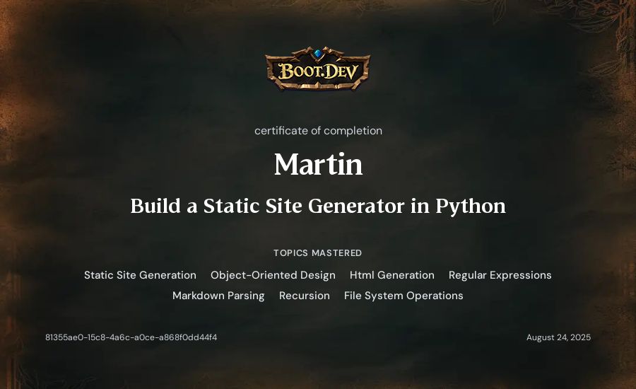 Martin's Boot.dev Build a Static Site Generator in Python certificate