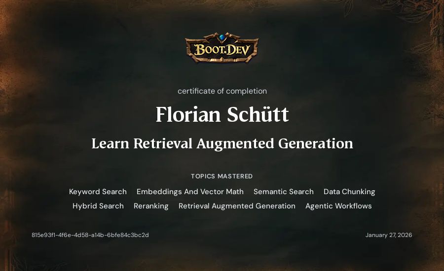Florian Schütt's Boot.dev Learn Retrieval Augmented Generation certificate