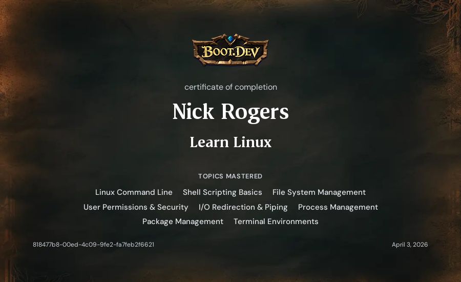 Nick Rogers's Boot.dev Learn Linux certificate