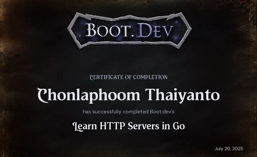 Chonlaphoom Thaiyanto's Boot.dev Learn HTTP Servers in Go certificate