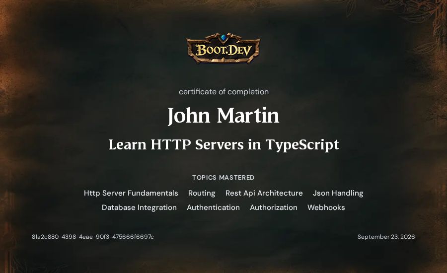 John Martin's Boot.dev Learn HTTP Servers in TypeScript certificate
